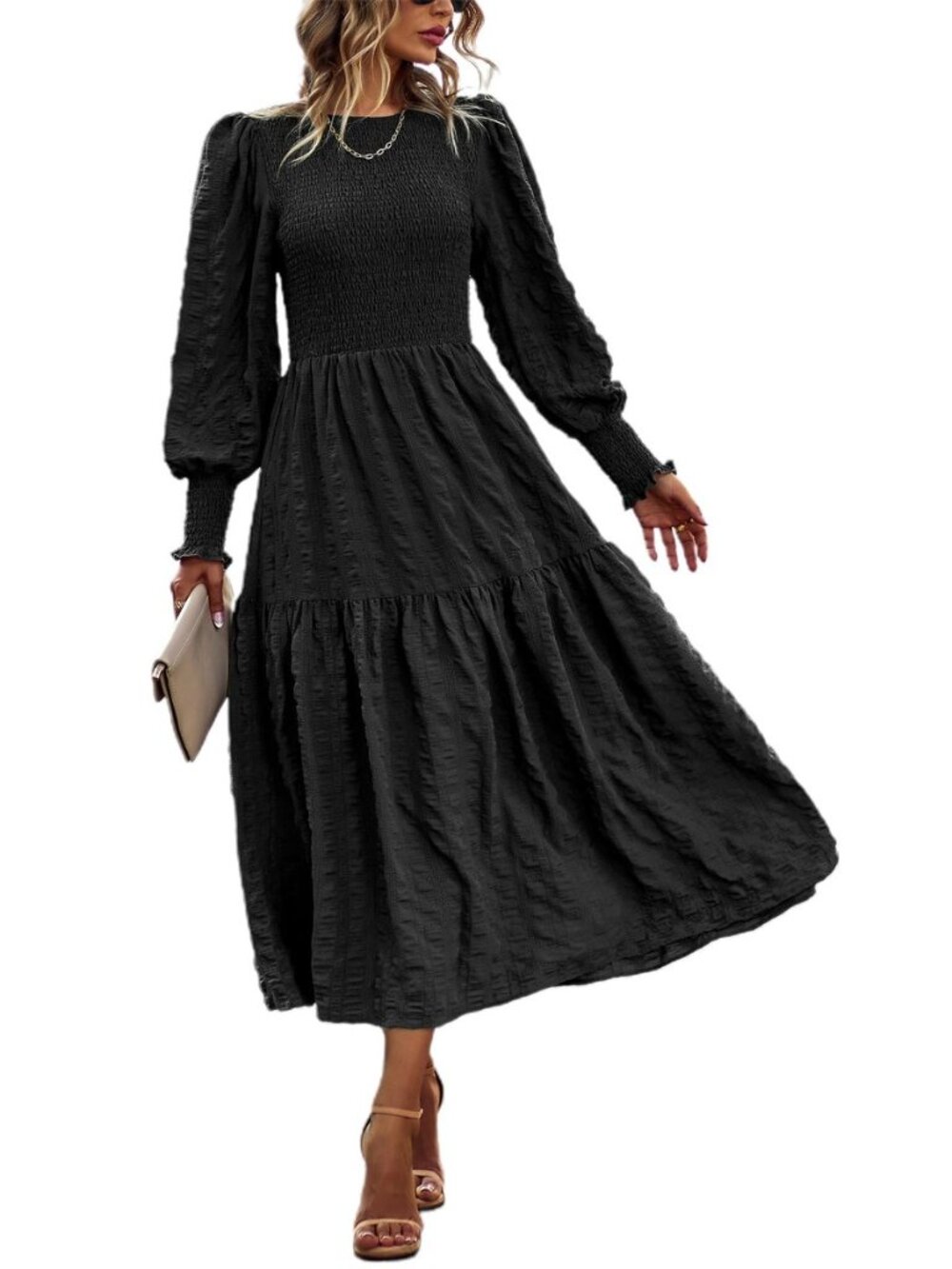 Women 2026 Spring Puff Long Sleeve Crewneck Smocked Maxi Dress Empire Waist